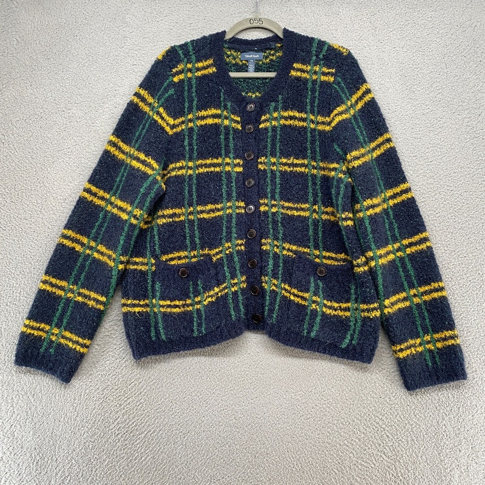 Modcloth Cardigan Sweater Womens 1X Mohair Fuzzy‎ Pockets Check Plaid Teacher